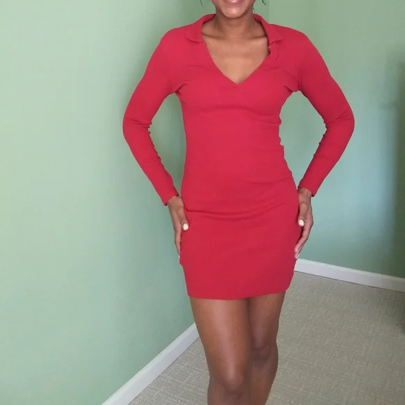 Women's red long sleeve midi Zara ribbed bodycon dress - Picture 3 of 9